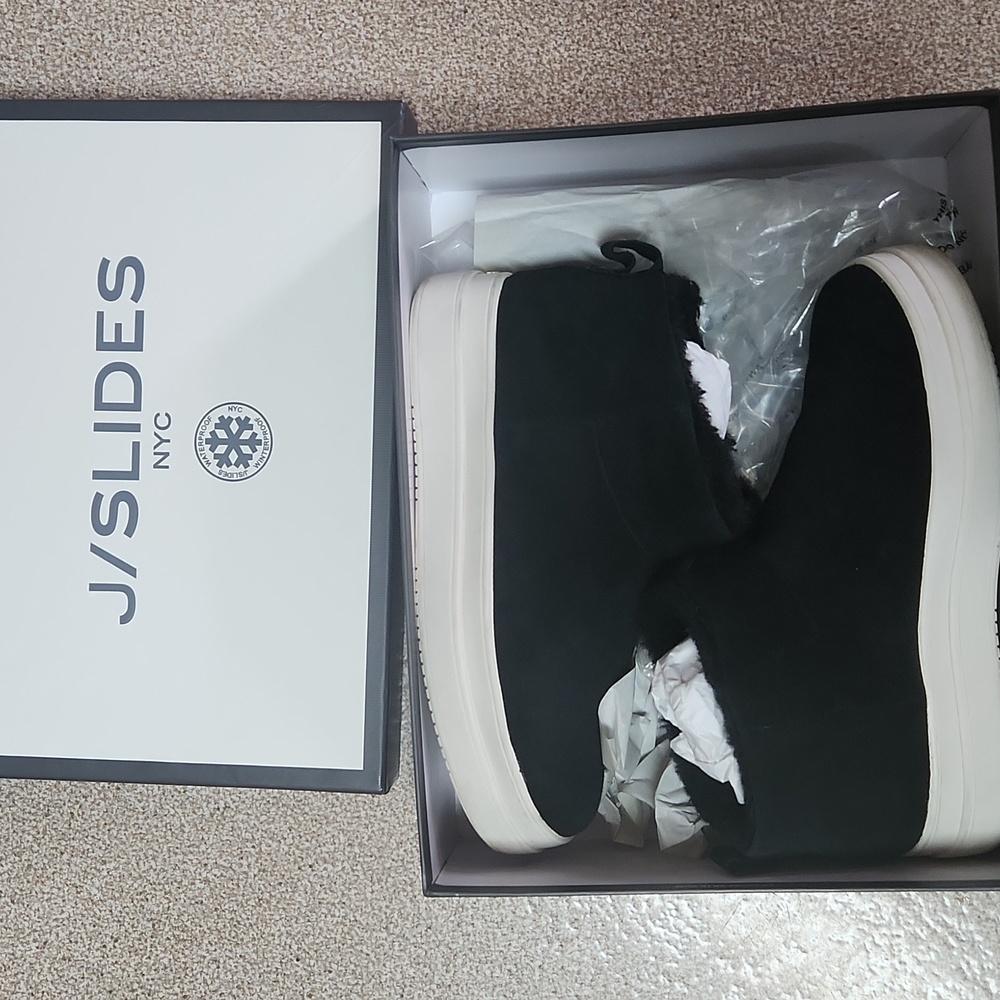 J Slides black suede waterproof platform booties